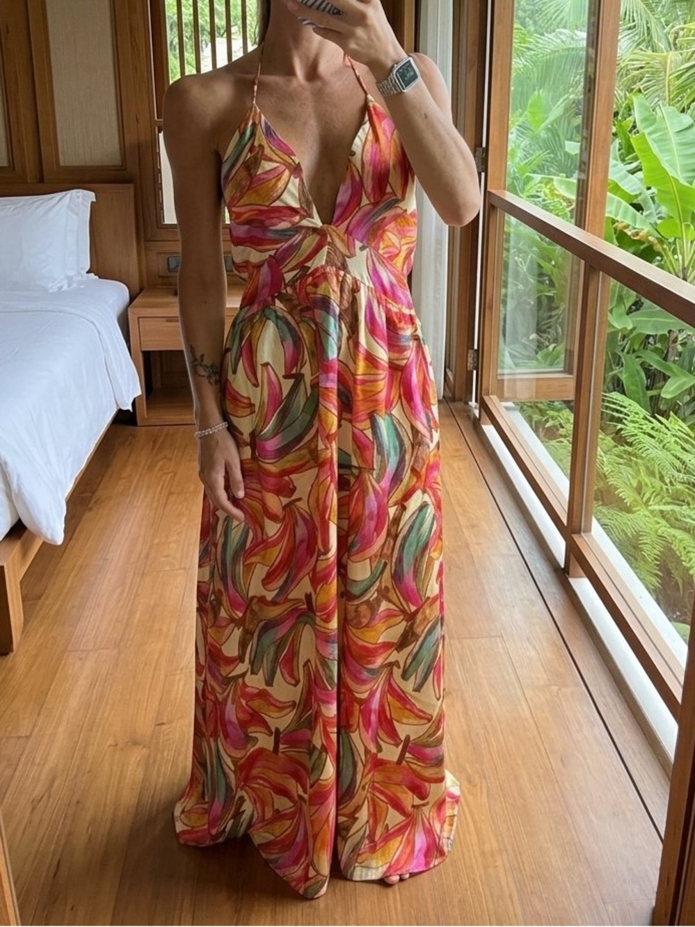 FARM Rio Plunge Neck Halter Maxi Dress in Tropical Pink Banana Print Size XS NWT